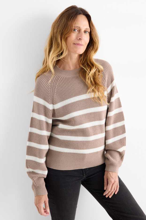 Dámské - Svetr - žebrovaný - pruhovaný - béžová