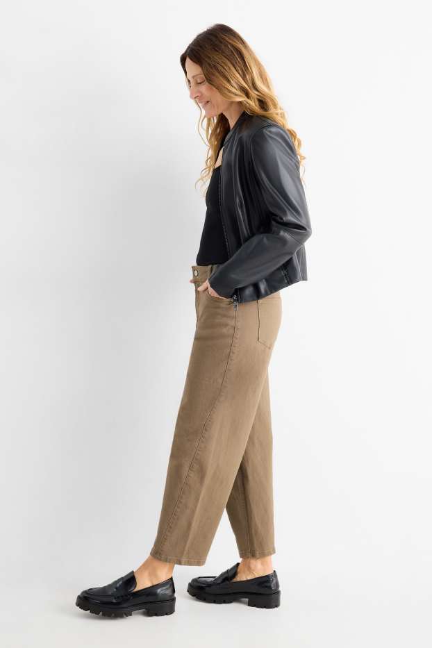 Women - Cloth trousers - mid-rise waist - barrel leg - denim-brown