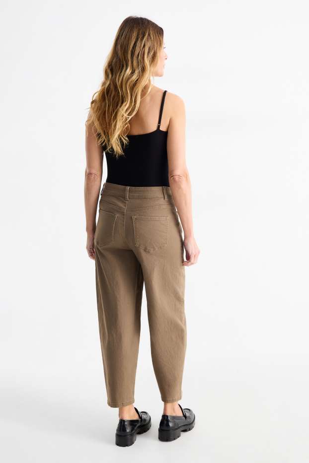 Women - Cloth trousers - mid-rise waist - barrel leg - denim-brown