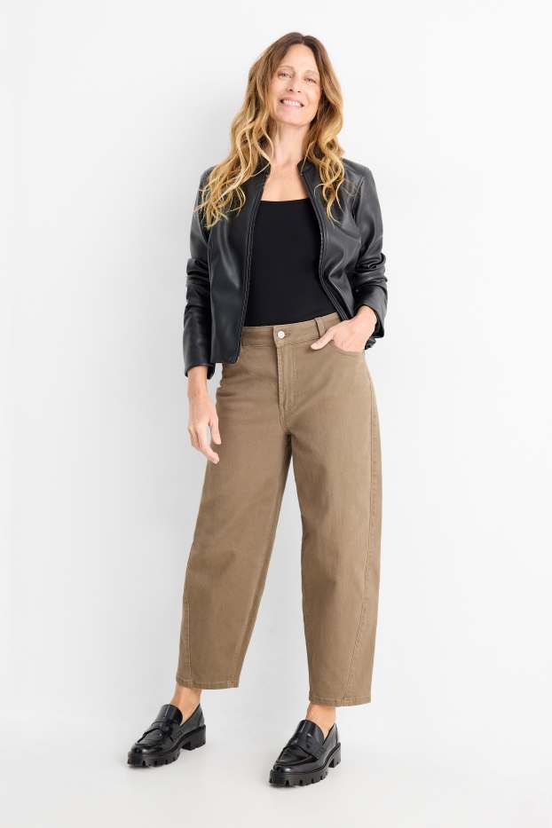 Women - Cloth trousers - mid-rise waist - barrel leg - denim-brown