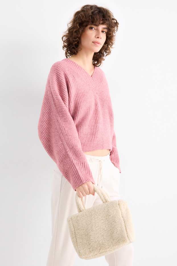 Damen - Kleiner Teddy-Shopper mit abnehmbarem Taschengurt - beige