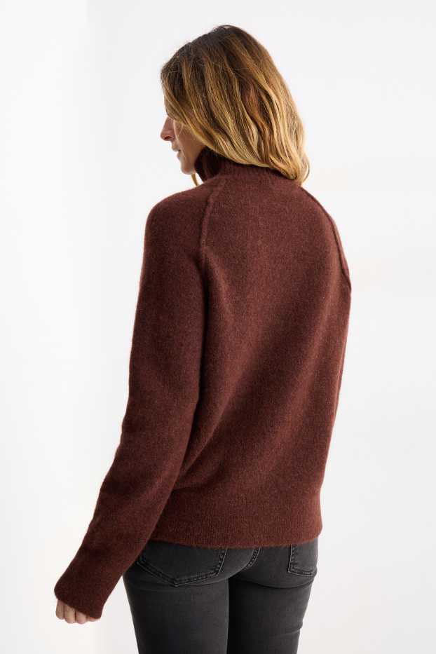 Dámské - Svetr se stojáčkem - směs alpakové vlny - tmavohnědá