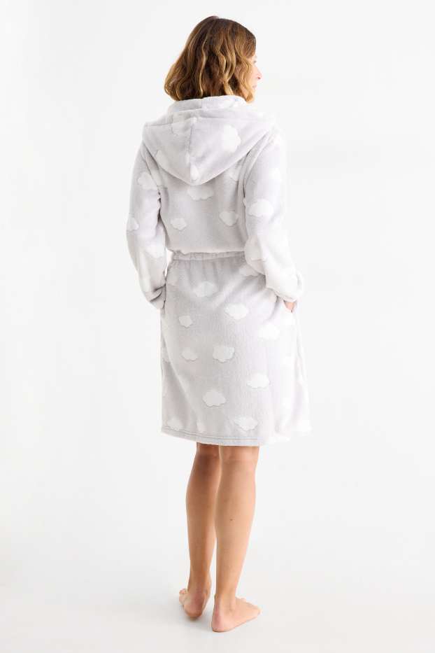 Damen - Bademantel mit Kapuze - gemustert - hellgrau