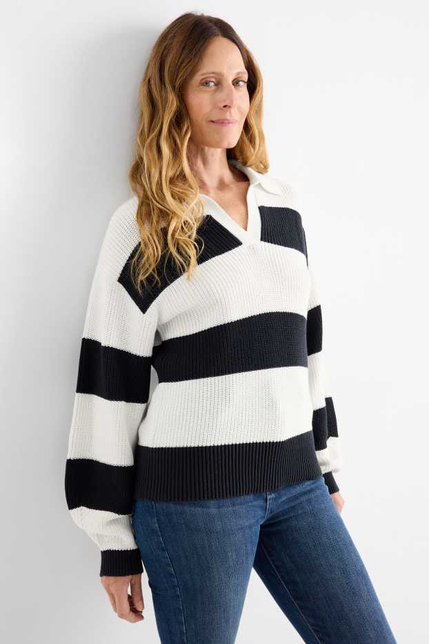Dámské - Svetr s výstřihem ve tvaru V - žebrovaný - pruhovaný - bílá/černá