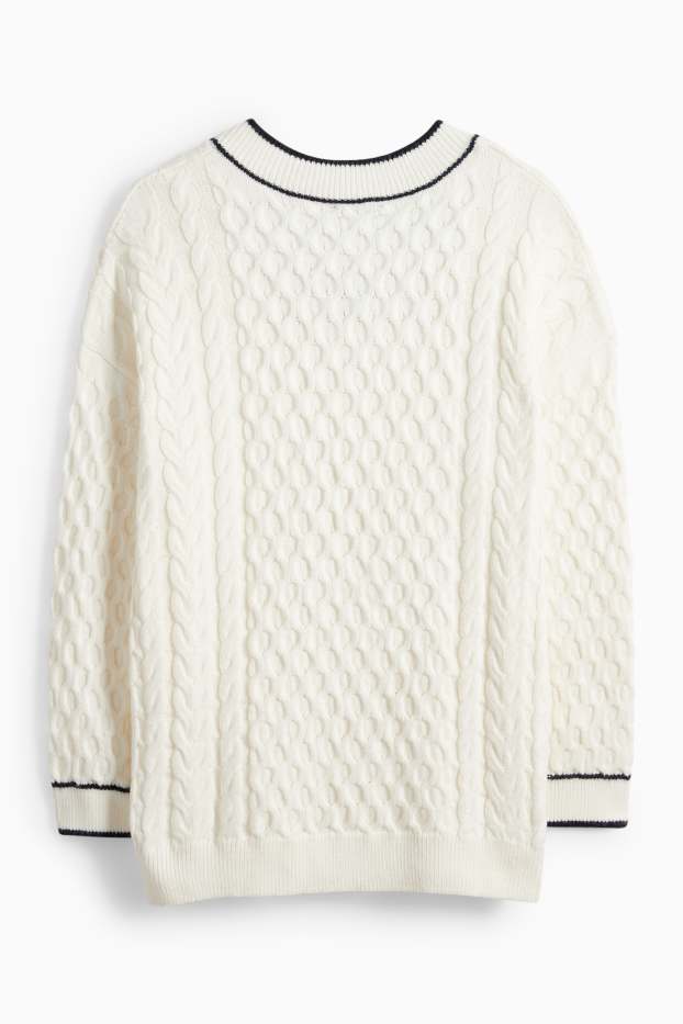 Dámské - Svetr s výstřihem ve tvaru V - s copánkovým vzorem - krémově bílá