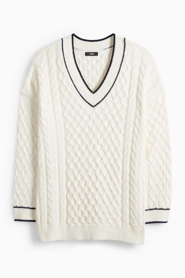 Dámské - Svetr s výstřihem ve tvaru V - s copánkovým vzorem - krémově bílá