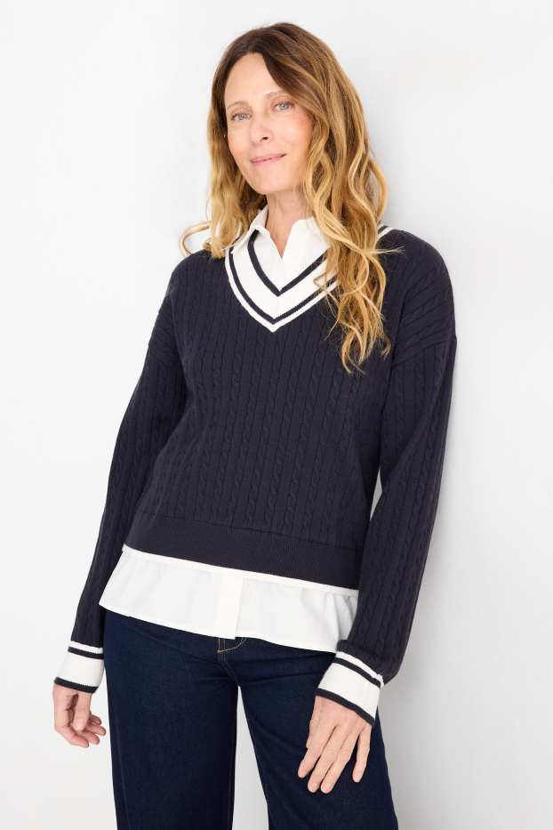 Women - Jumper - 2-in-1 look - cable knit pattern - dark blue