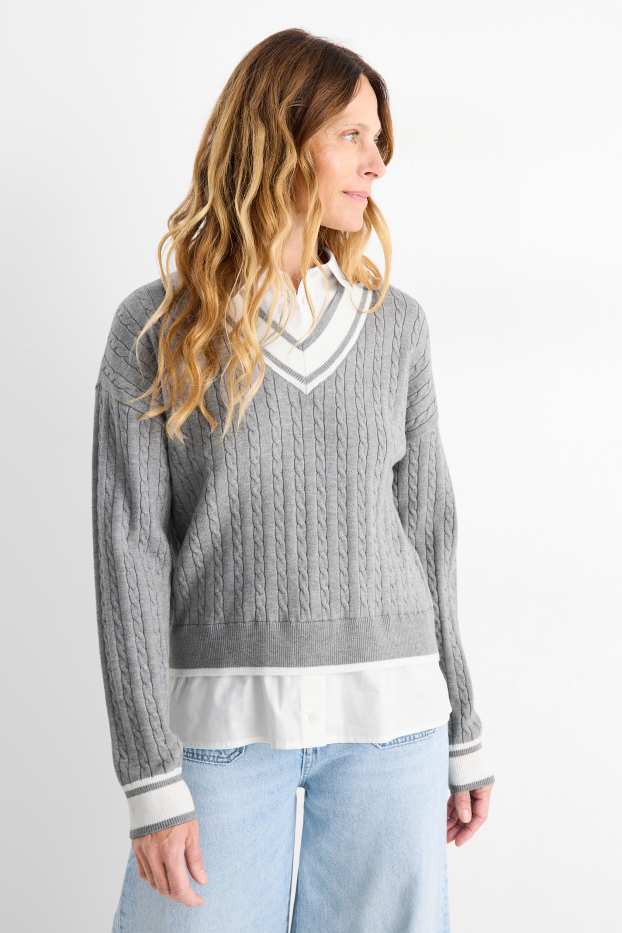 Women - Jumper - 2-in-1 look - cable knit pattern - light gray-melange