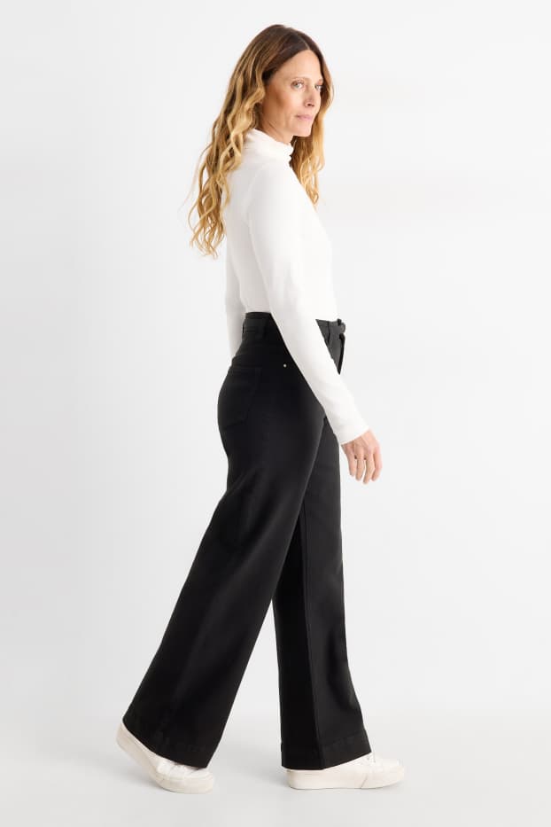 Dámské - Plátěné kalhoty s páskem - high waist - wide leg - černá