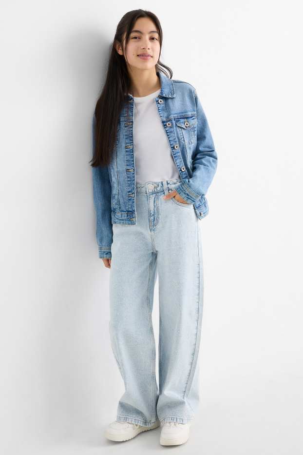 Kinder Mädchen - Wide Leg Jeans mit Strasssteinen - helljeansblau