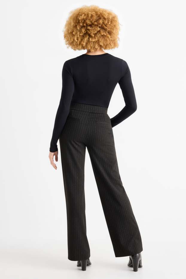 Dámské - Žerzejové kalhoty - mid waist - wide leg - s úzkými proužky - černá