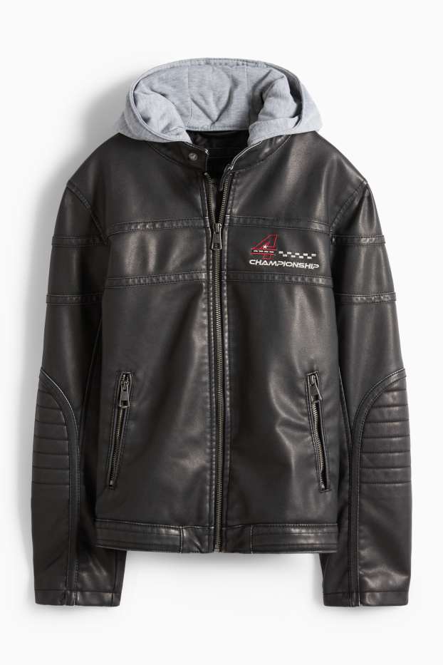 Bambini - Racing - giacca stile motociclista con cappuccio - similpelle - nero