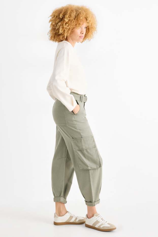 Dona - Pantalons cargo amb cinturó - high waist - tapered fit - verd clar
