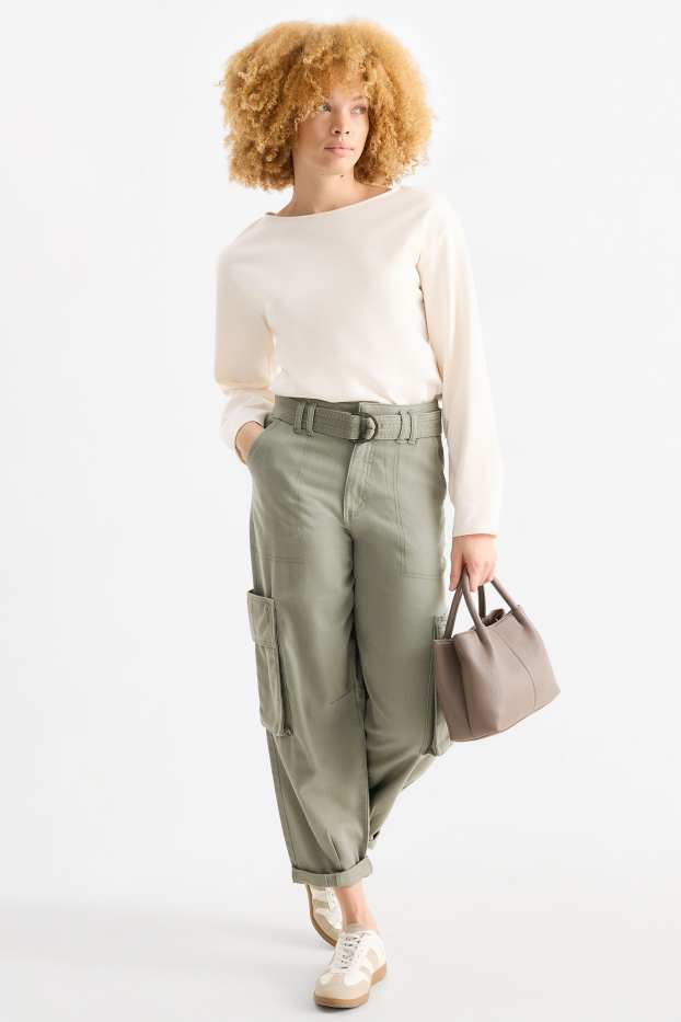 Dona - Pantalons cargo amb cinturó - high waist - tapered fit - verd clar