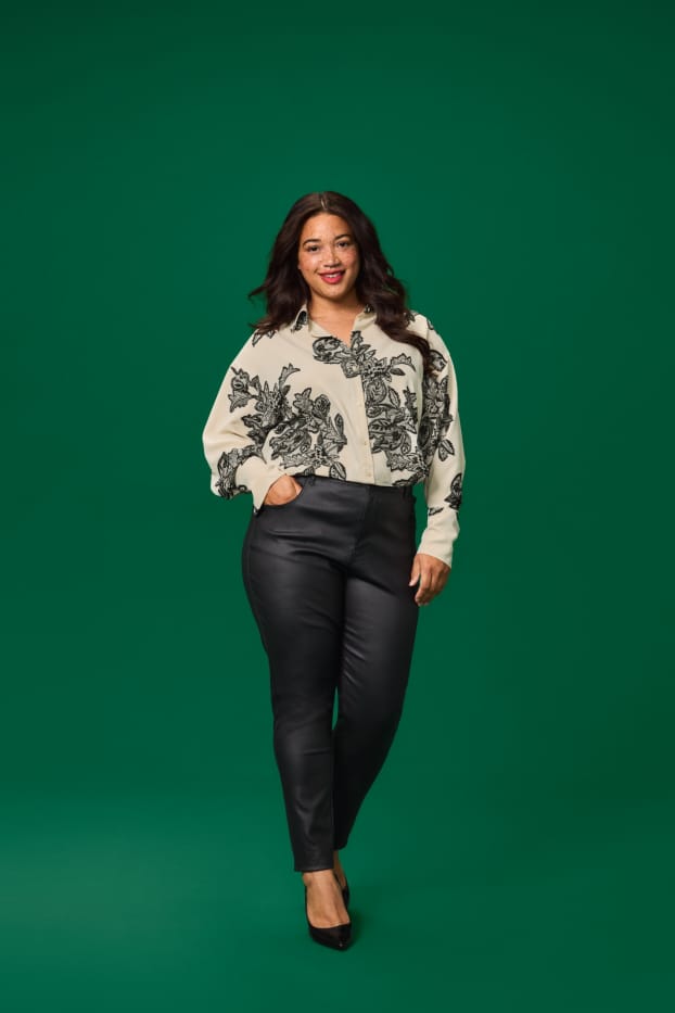 Dámské - Plátěné kalhoty - high waist - skinny fit - černá