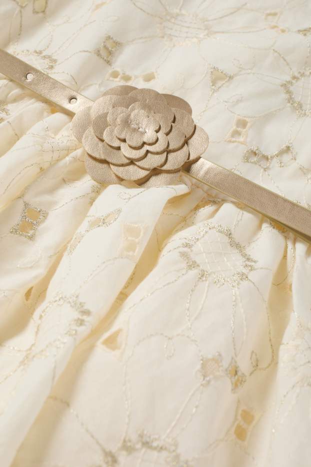 Kinder Mädchen - Blume - Kleid mit Gürtel - Glanz-Effekt - festlich - cremeweiss
