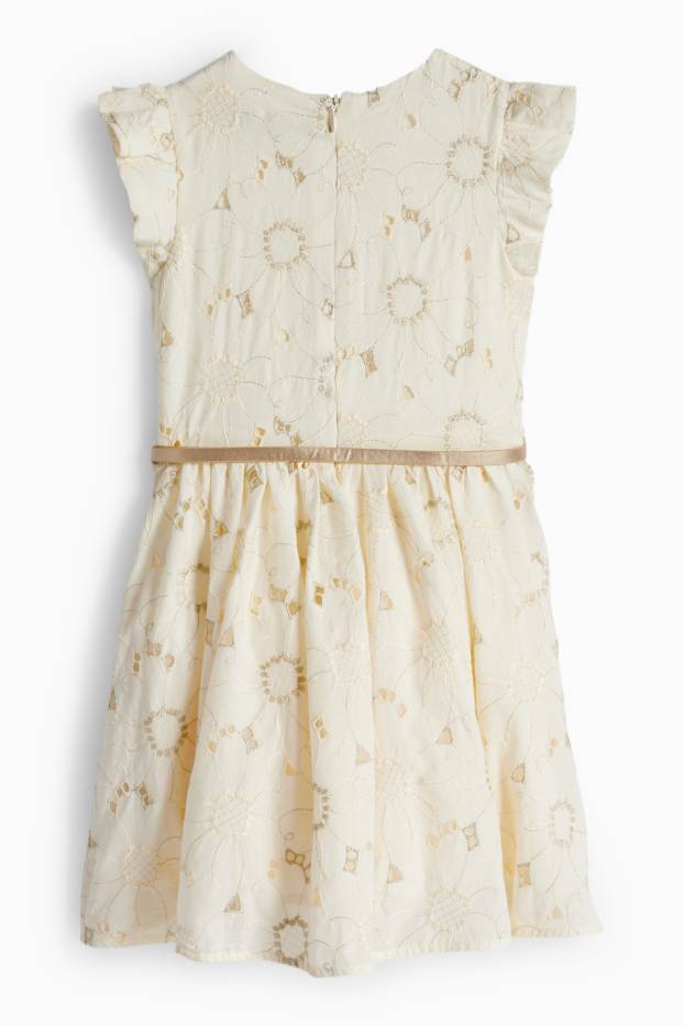 Kinder Mädchen - Blume - Kleid mit Gürtel - Glanz-Effekt - festlich - cremeweiss