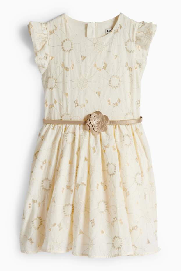 Kinder Mädchen - Blume - Kleid mit Gürtel - Glanz-Effekt - festlich - cremeweiss