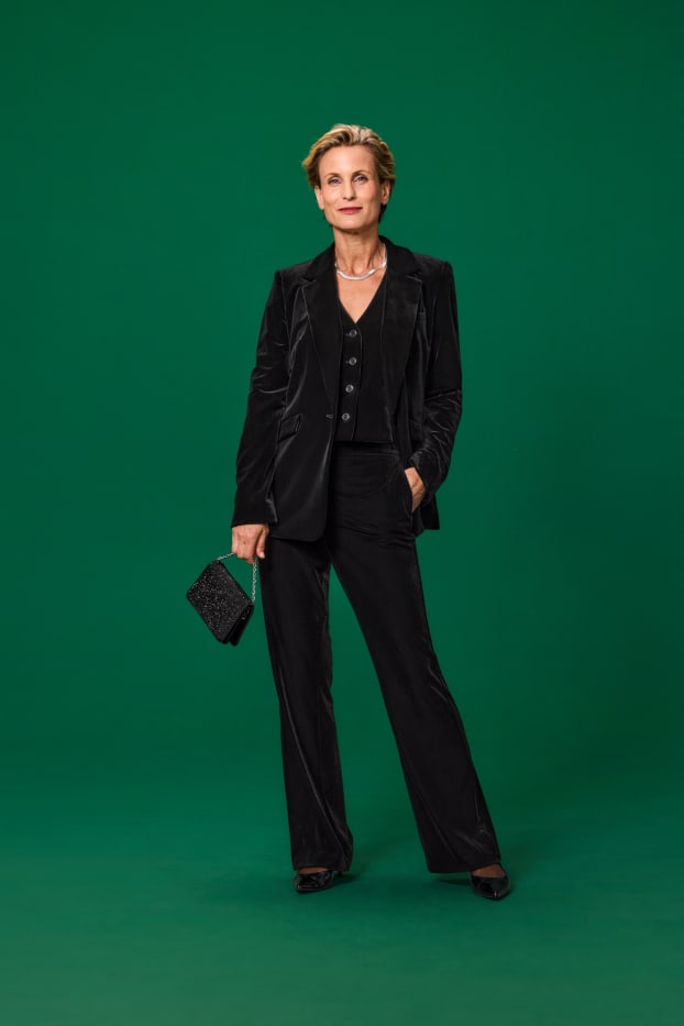 Damen - Samt-Longblazer - Regular Fit - schwarz