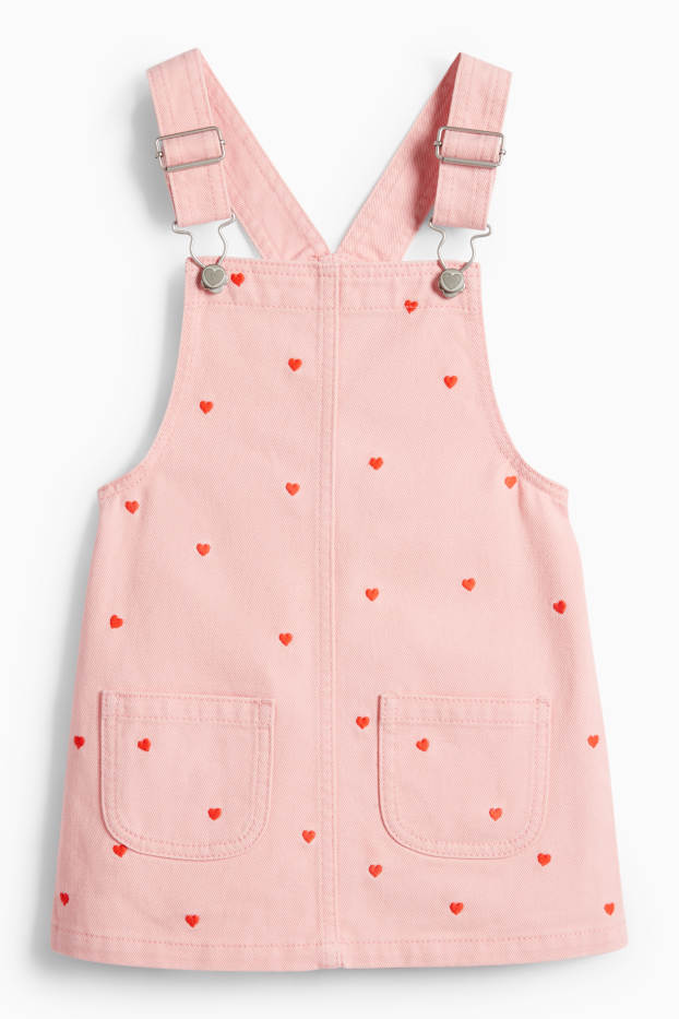 Enfants filles - Cœur - ensemble - T-shirt et robe à plastron en jean - 2 pièces - rose