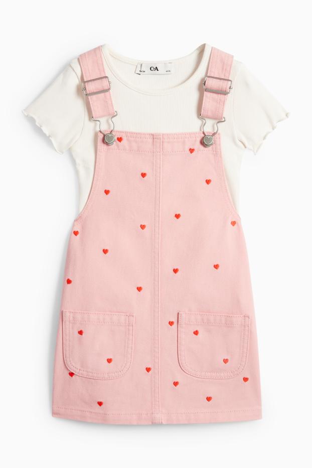 Enfants filles - Cœur - ensemble - T-shirt et robe à plastron en jean - 2 pièces - rose