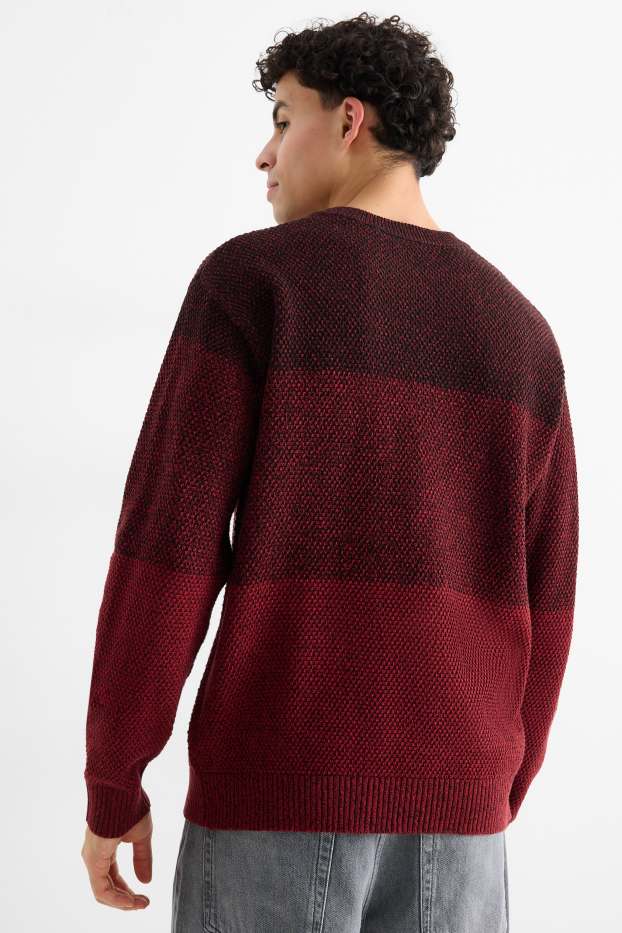 Men - Jumper - striped - textured - dark red / black