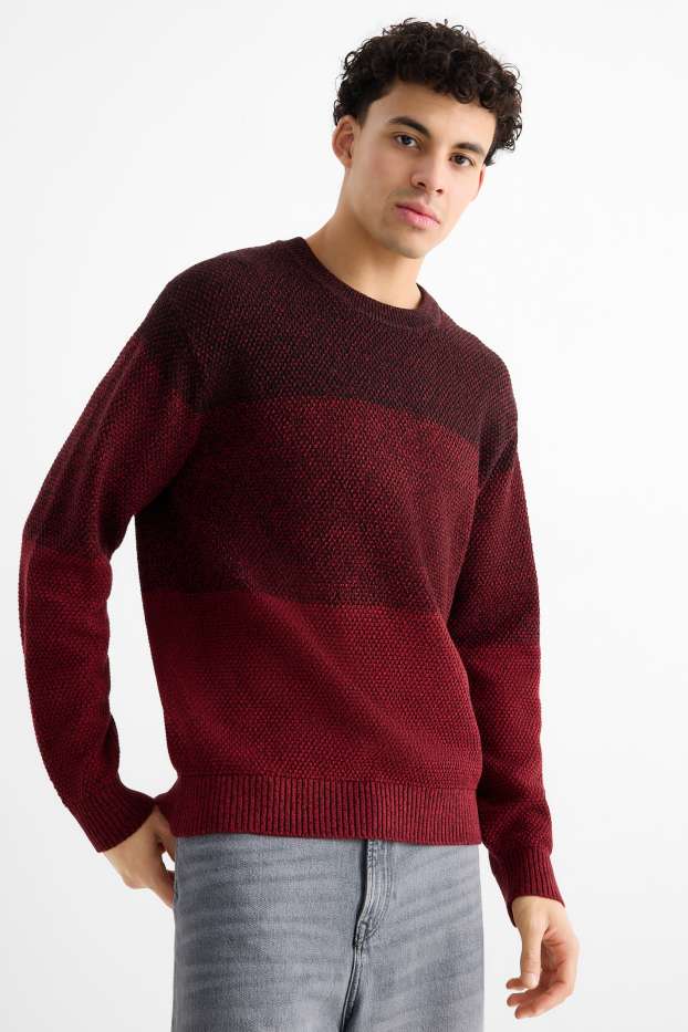 Men - Jumper - striped - textured - dark red / black