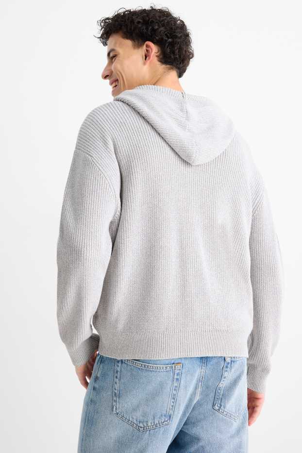 Uomo - Cardigan con cappuccio - a coste - grigio chiaro