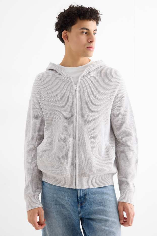 Uomo - Cardigan con cappuccio - a coste - grigio chiaro