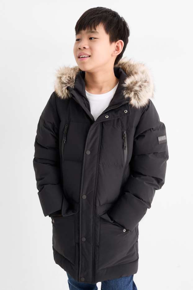 Nen - Jaqueta de plomes amb caputxa i rivet de pèl sintètic - negre