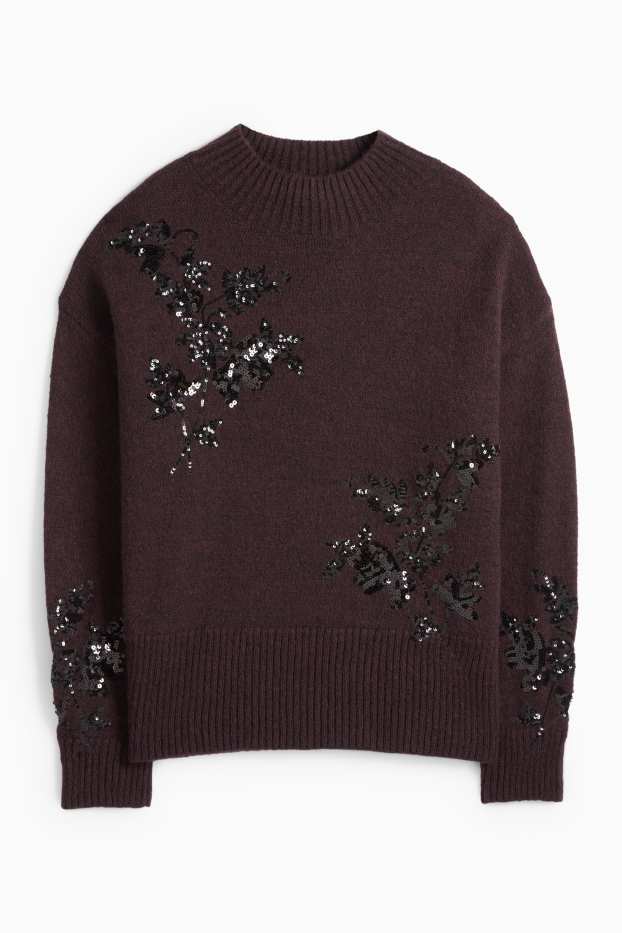 Dámské - Svetr - s lesklými aplikacemi - tmavohnědá