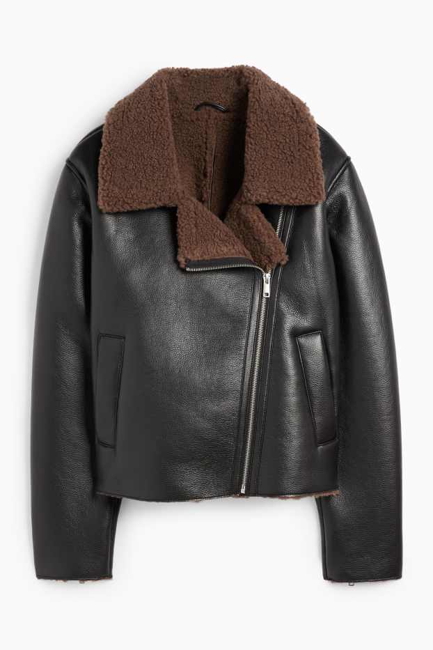 Women - Faux shearling jacket - faux leather - black
