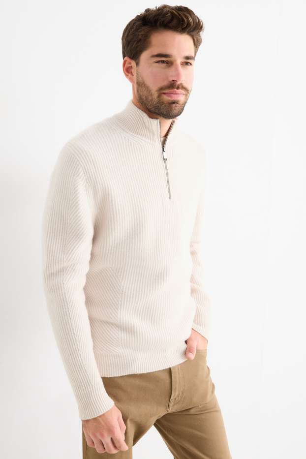 Hommes - Pull en cachemire mélangé - laine mélangée - finition côtelée - blanc crème