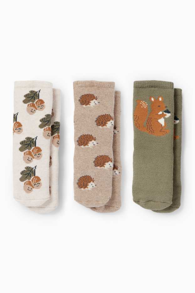 Baby Buben - Multipack 3er - Wald - Baby-Anti-Rutsch-Socken mit Motiv - grün / beige