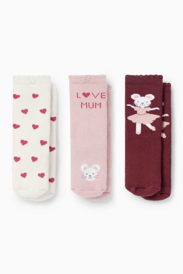 Bébés filles - Lot de 3 - petite souris - chaussettes antidérapantes à motif pour bébé - rose