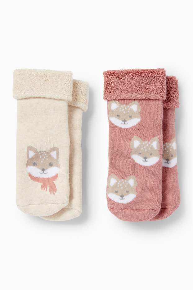 Bébés filles - Lot de 2 paires - renards - chaussettes antidérapantes à motif pour bébé - rose / beige