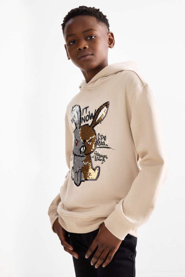 Kinderen: jongens - Haasje - hoodie - glanseffect - beige