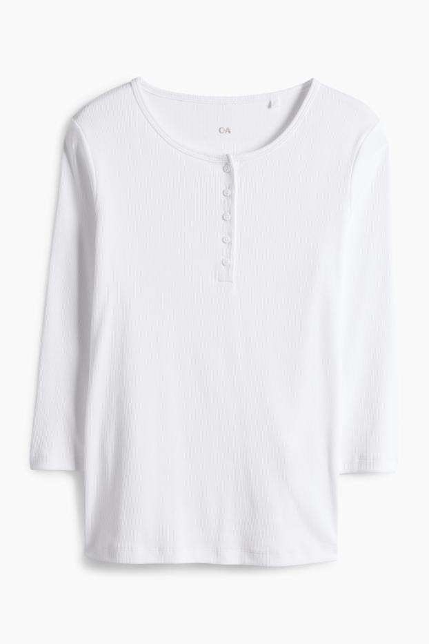 Dámské - Tričko basic ve stylu henley - slim fit - žebrované - bílá