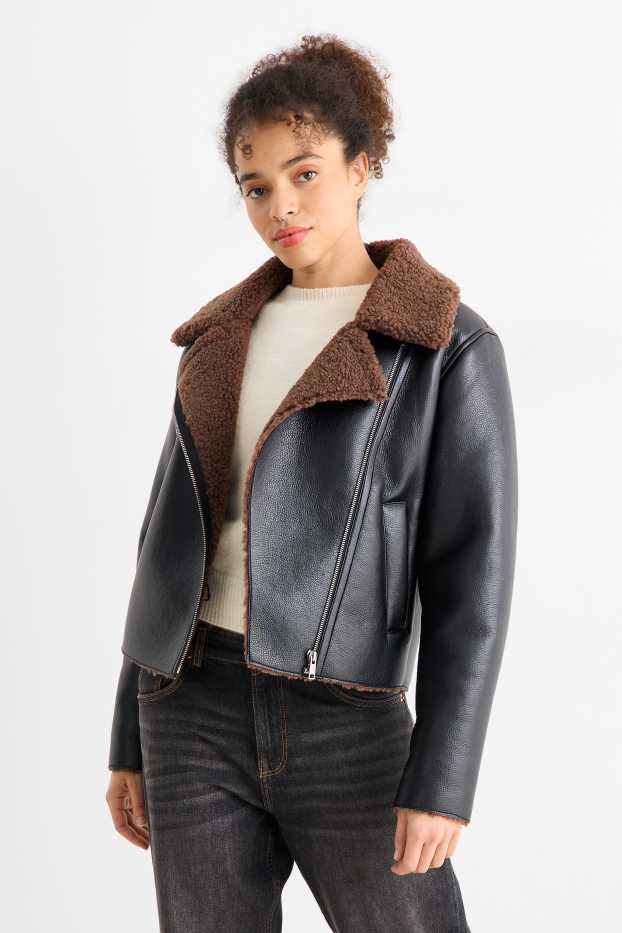 Women - Faux shearling jacket - faux leather - black