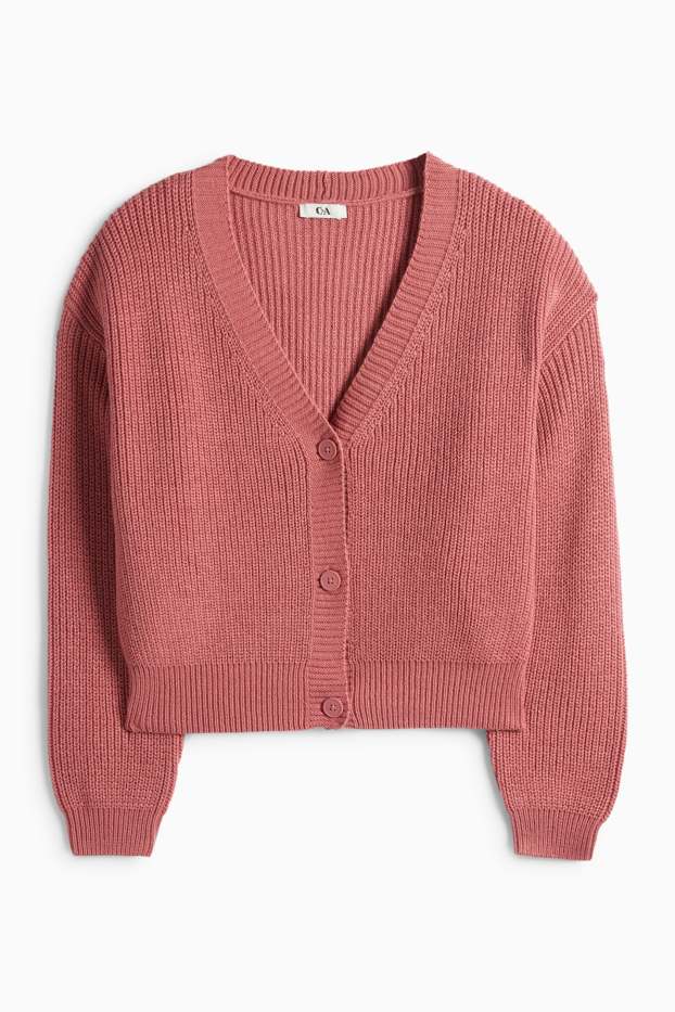 Women - Cardigan - ribbed - dark rose