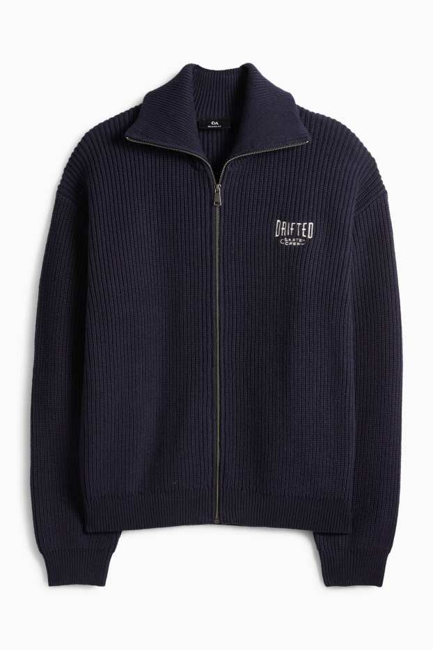 Pánské - Pletený kardigan - žebrovaný - tmavomodrá