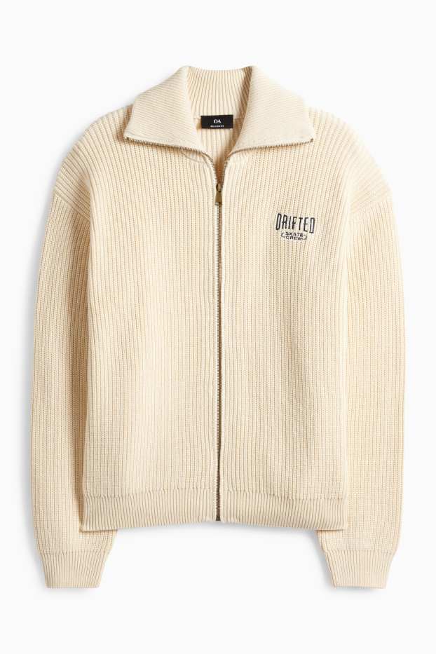 Pánské - Pletený kardigan - žebrovaný - krémově bílá