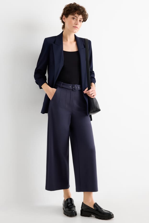 Femmes - Pantalon en jersey avec ceinture - high waist - wide leg - bleu foncé