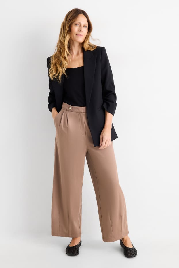 Dámské - Žerzejové kalhoty - high waist - barrel leg - světle hnědá