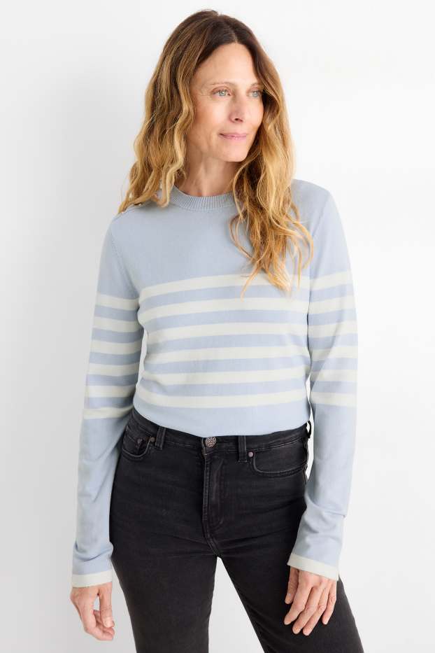 Women - Jumper - striped - white / light blue