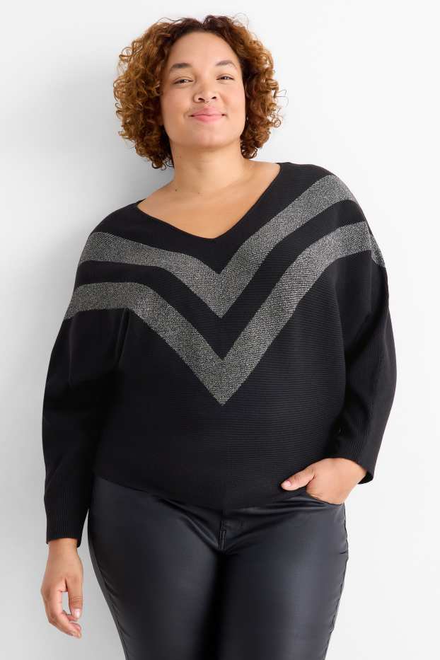 Damen - Pullover mit V-Ausschnitt - gerippt - schwarz