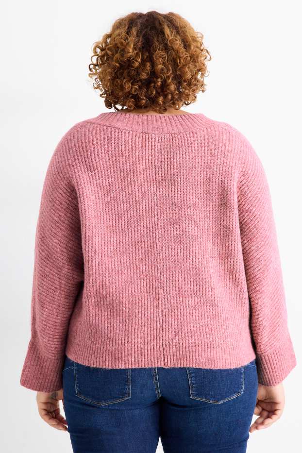 Damen - Pullover mit V-Ausschnitt - gerippt - rosa