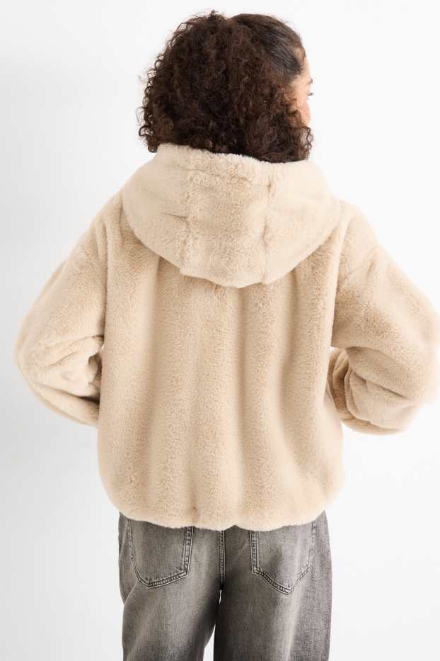 Damen - Kunstfelljacke mit Kapuze - beige