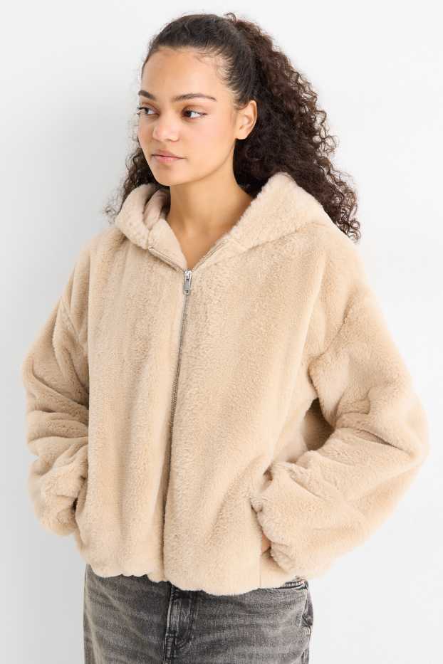 Damen - Kunstfelljacke mit Kapuze - beige