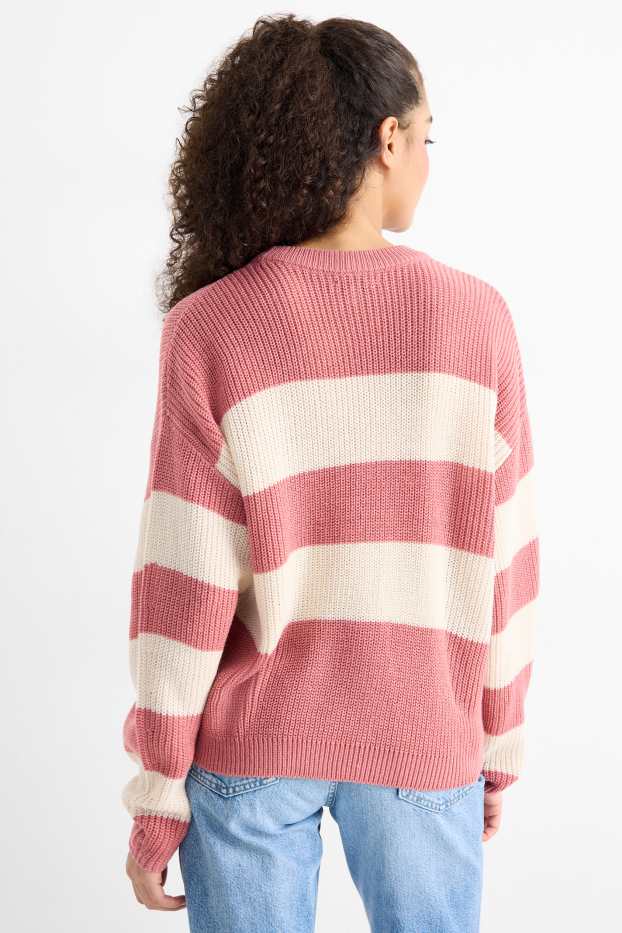 Damen - Pullover - gerippt - gestreift - rosa / beige
